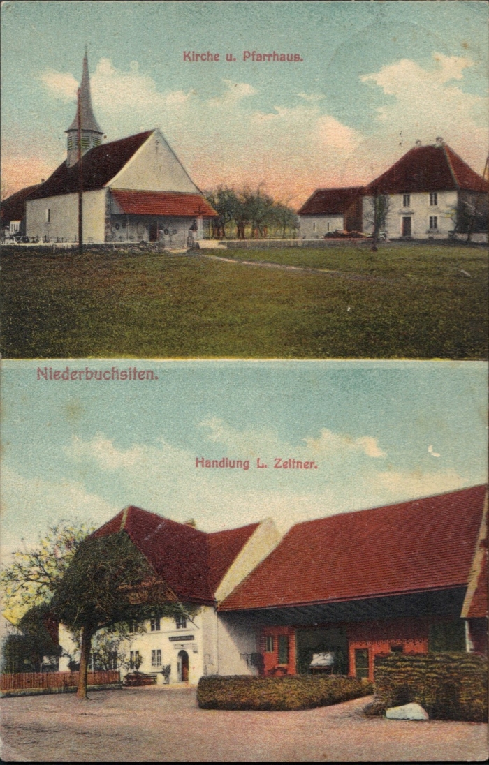 <p>Niederbuchsiten : Kirche und Pfarrhaus , Handlung L. Zeltner , Karte Top Zustand , gelaufen 7.10.1919 ,</p>